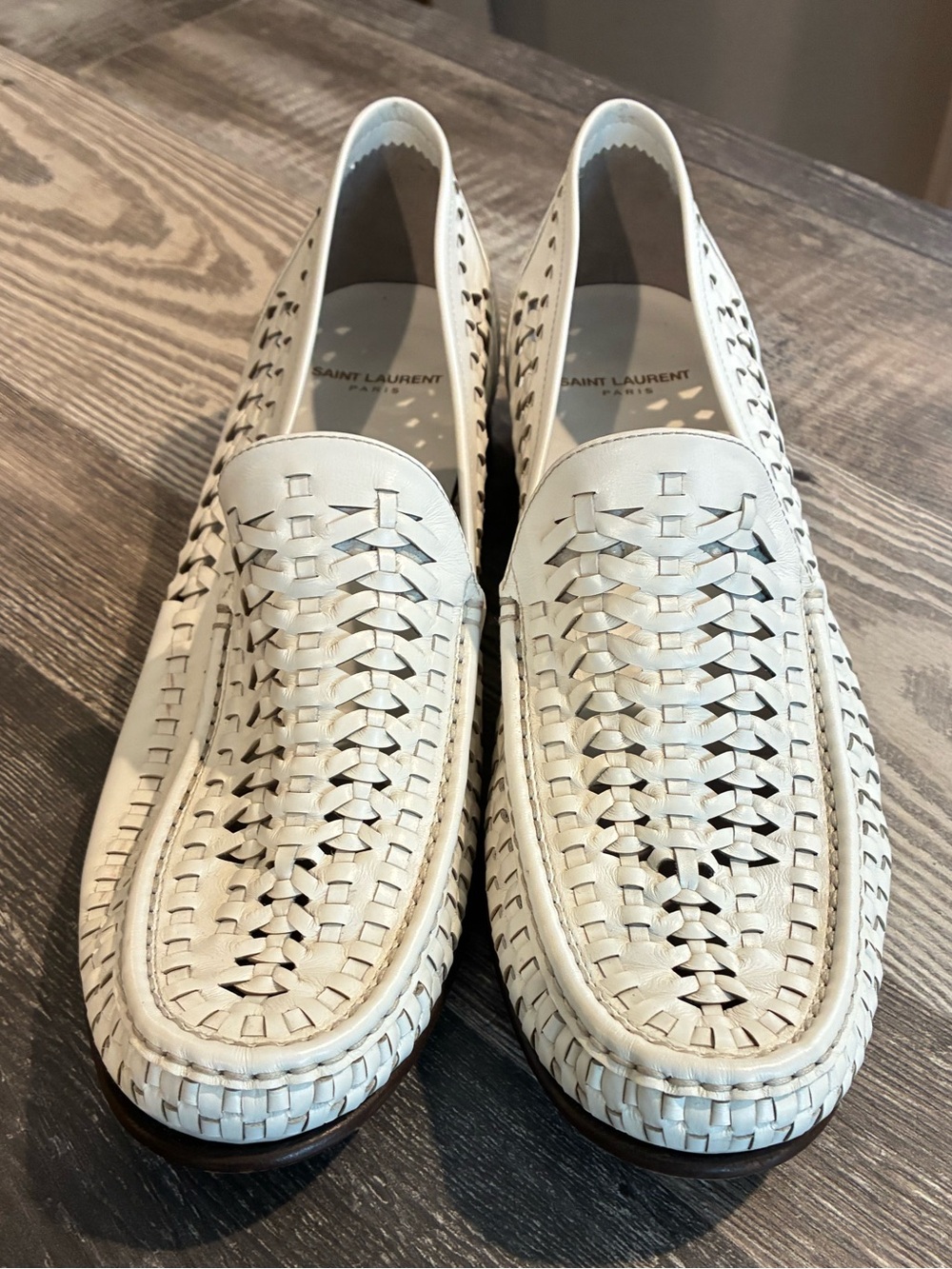 Saint Laurent White Woven Leather Slip-On Loafers - Picture 1 of 9